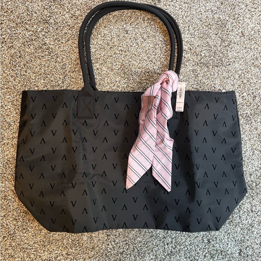 NWT Victoria's Secret Black V Embossed Tote Bag with Scarf